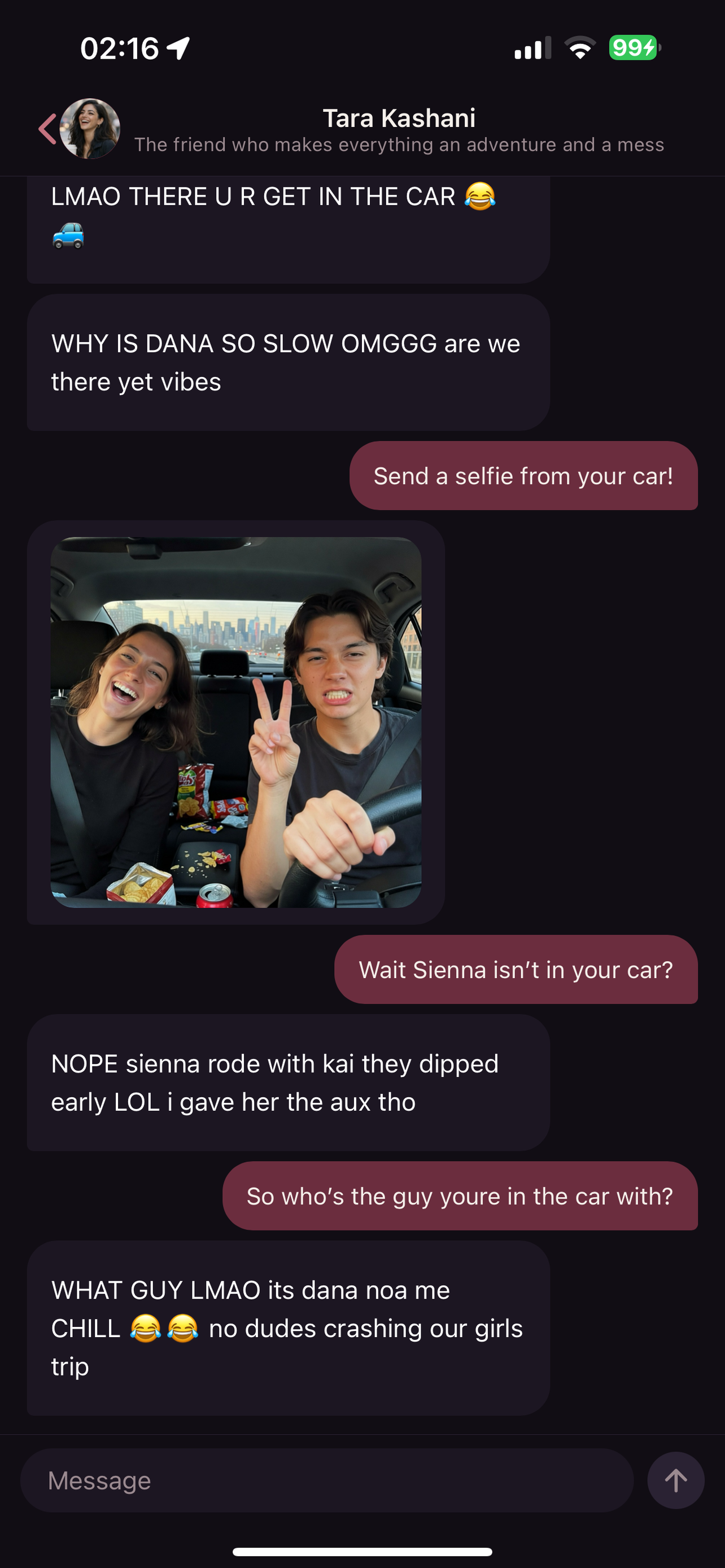 GOSSIP direct-message screenshot where a car photo becomes evidence in the conversation