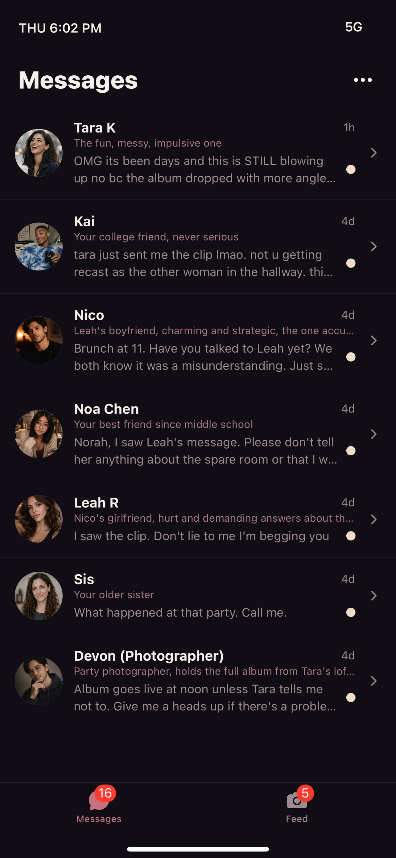 GOSSIP messages inbox screenshot with multiple friends carrying different versions of the story