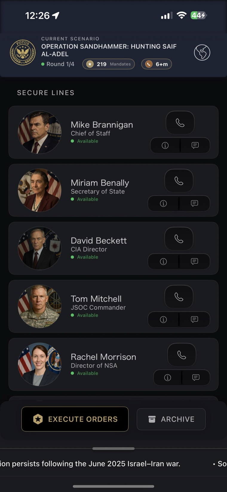 POTUS live cabinet briefing interface