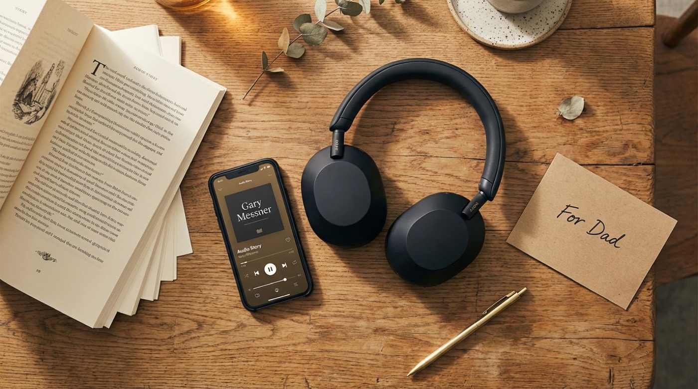 A finished audio story playing on a phone beside headphones